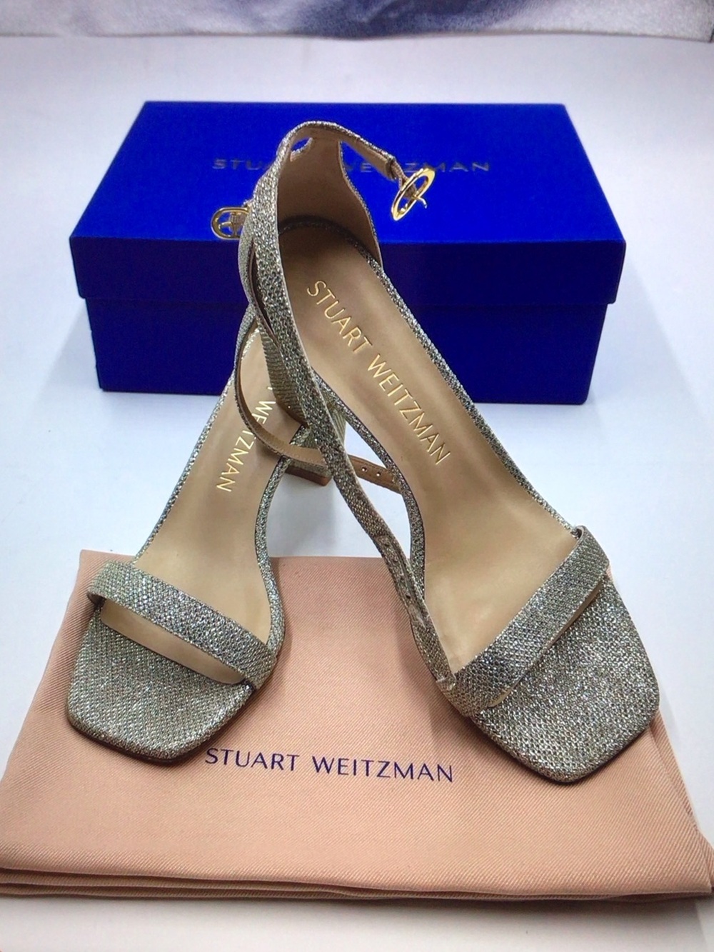 Stuart Weitzman Glittery Silver Open-Toe Ankle-Strap Heels